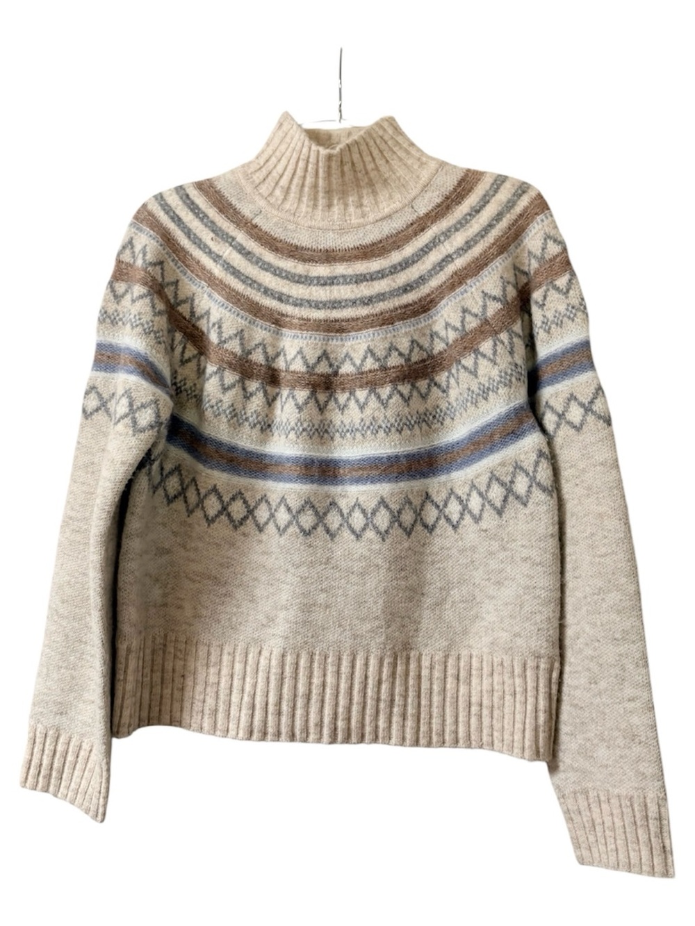 Marled Fair Isle Wool Blend Mock Turtleneck Sweater Cream, blue & tan. Medium - Picture 2 of 14